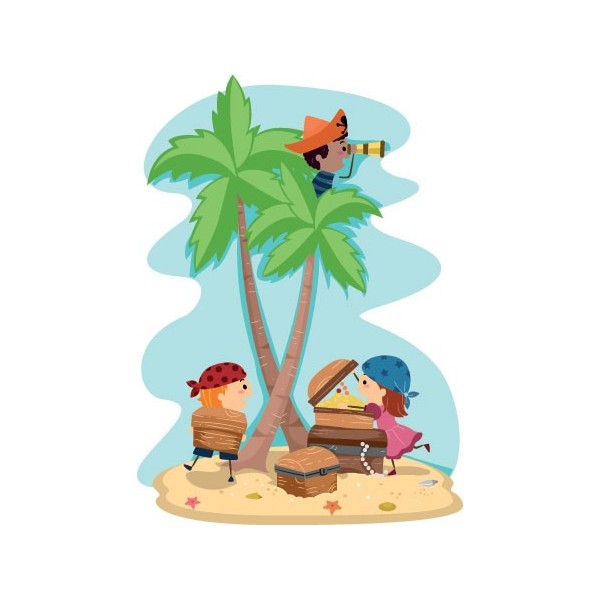 Stickers mural représentant des enfants pirates sur une île déserte avec un coffre fort.