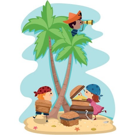 Stickers mural représentant des enfants pirates sur une île déserte avec un coffre fort.