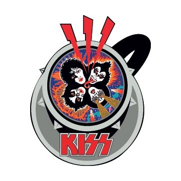sticker autocollant représentant les têtes des 4 membres du groupe Kiss dans une tasse de café
