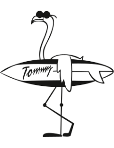 Flamingo with surfboard "Tommy" sticker – Beach vibe and trendy decor, made in France.