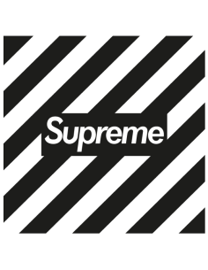 Black and white Supreme sticker with diagonal stripes, bold graphic streetwear style – modern urban vinyl decal
