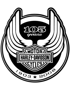 Black and white Harley-Davidson 105 years sticker with winged logo – premium vinyl for motorcycle, helmet or garage