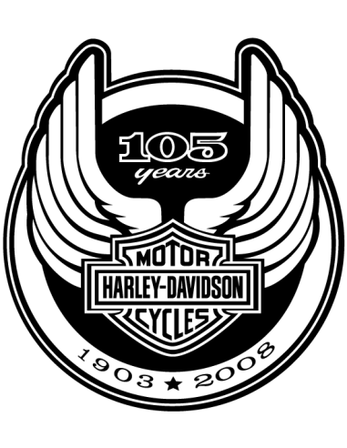 Sticker Harley-Davidson 105 ans avec logo ailé, noir et blanc – décoration moto, voiture, casque ou garage