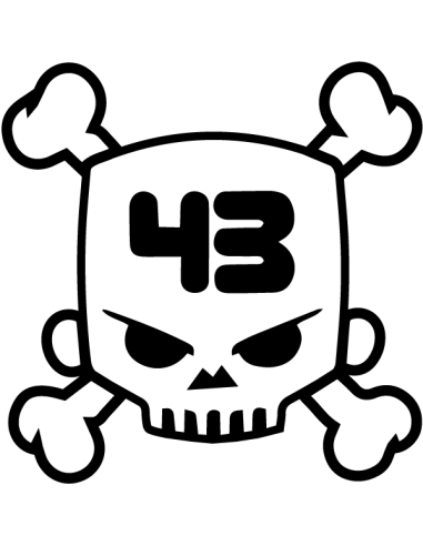 Sticker imprimé Ken Block 43 – crâne blanc, contours noirs, plastifié anti-UV, usage intérieur/extérieur