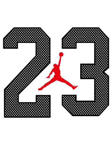 Sticker imprimé numéro 23 avec silhouette de dunk basketball, design graphique contrasté pour décoration murale