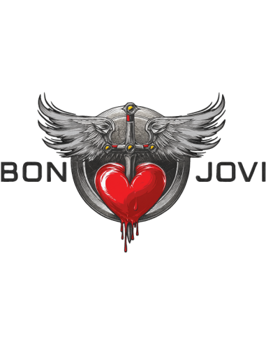 Sticker rock imprimé cœur rouge avec dague et ailes, inspiré de l’univers Bon Jovi pour décoration murale