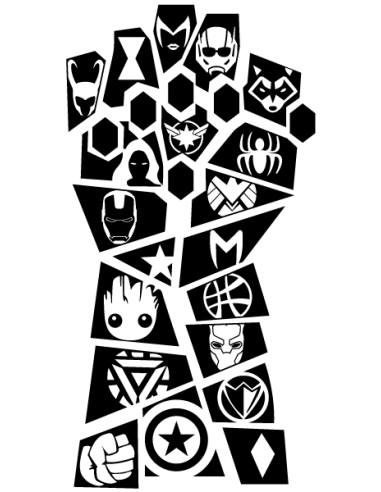 Sticker Gant de l'Infini Avengers avec logos super-héros Marvel en vinyle découpé.