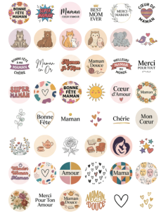 Planche A4 de stickers et étiquettes cadeaux autocollantes motifs floraux et messages pour la Fête des Mères.
