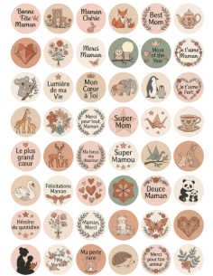 Planche de 48 stickers ronds Fête des Mères imprimés sur vinyle brillant motifs animaux origami et fleurs bohèmes