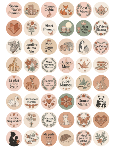Planche de 48 stickers ronds Fête des Mères imprimés sur vinyle brillant motifs animaux origami et fleurs bohèmes