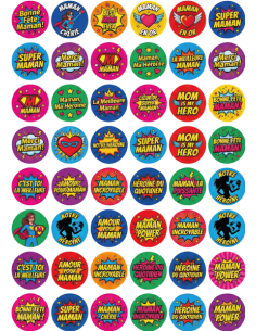 Sheet of 48 round Mother's Day stickers printed on glossy vinyl with super mom pop art superheroine patterns