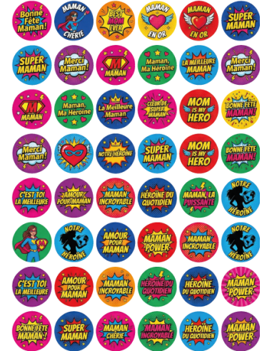 Planche de 48 stickers ronds Fête des Mères imprimés sur vinyle brillant motifs pop art super maman héroïne