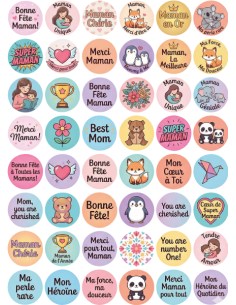 Sheet of 48 round Mother's Day stickers printed on glossy vinyl with kawaii animals and manga illustrations