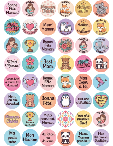 Sheet of 48 round Mother's Day stickers printed on glossy vinyl with kawaii animals and manga illustrations