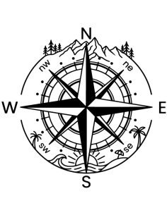 Sticker autocollant rose des vents boussole avec montagnes et vagues de l'océan pour décoration fourgon aménagé et camping-car