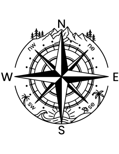 Sticker autocollant rose des vents boussole avec montagnes et vagues de l'océan pour décoration fourgon aménagé et camping-car