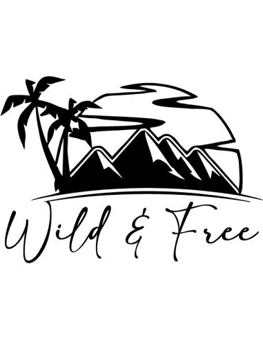 Sticker vanlife Wild and Free avec montagne et palmier au coucher du soleil pour décoration de fourgon aménagé