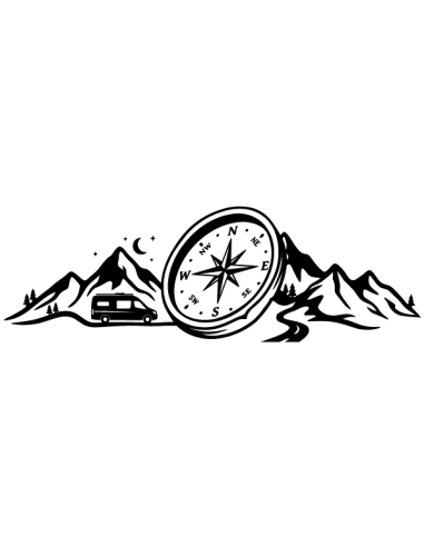 Sticker panoramique boussole 3D et montagnes paysage vanlife pour décoration de carrosserie fourgon