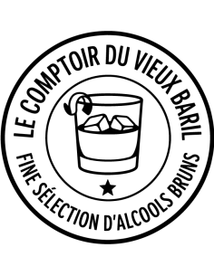 Sticker autocollant rond Le Comptoir du Vieux Baril avec verre de whisky en vinyle pour décoration baril et bar