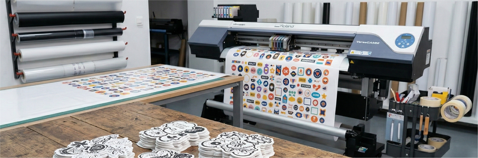 Impression numérique haute définition de stickers sur vinyle blanc brillant avec traceur professionnel Roland VS-300i en atelier.